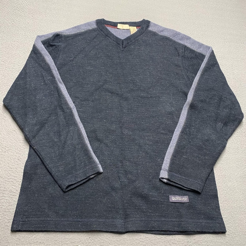 VTG Quiksilver Sweater Mens‎ XL Blue V-Neck Tight-Knit Pullover Lightweight Logo